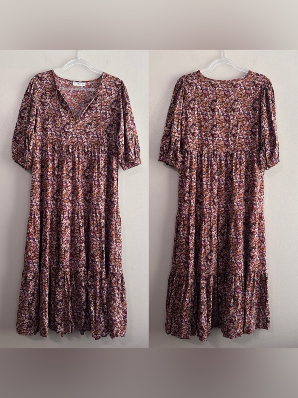 Natural Life Brown Floral Tiered Boho Cottagecore Peasant Maxi Dress Womens XS/S